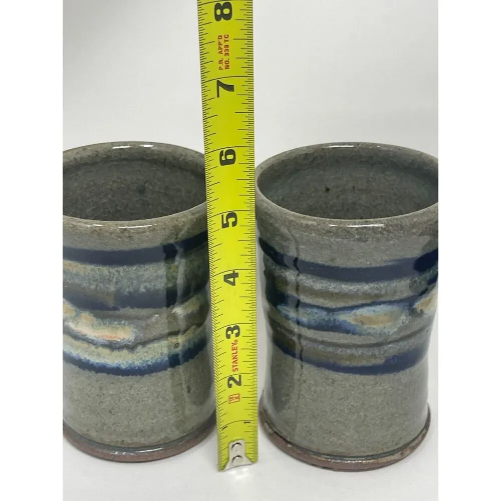 Pottery Air Plant/Vase/Mug Cup Ceramic Clay Handmade Blue Grey Set of 2 Signed.